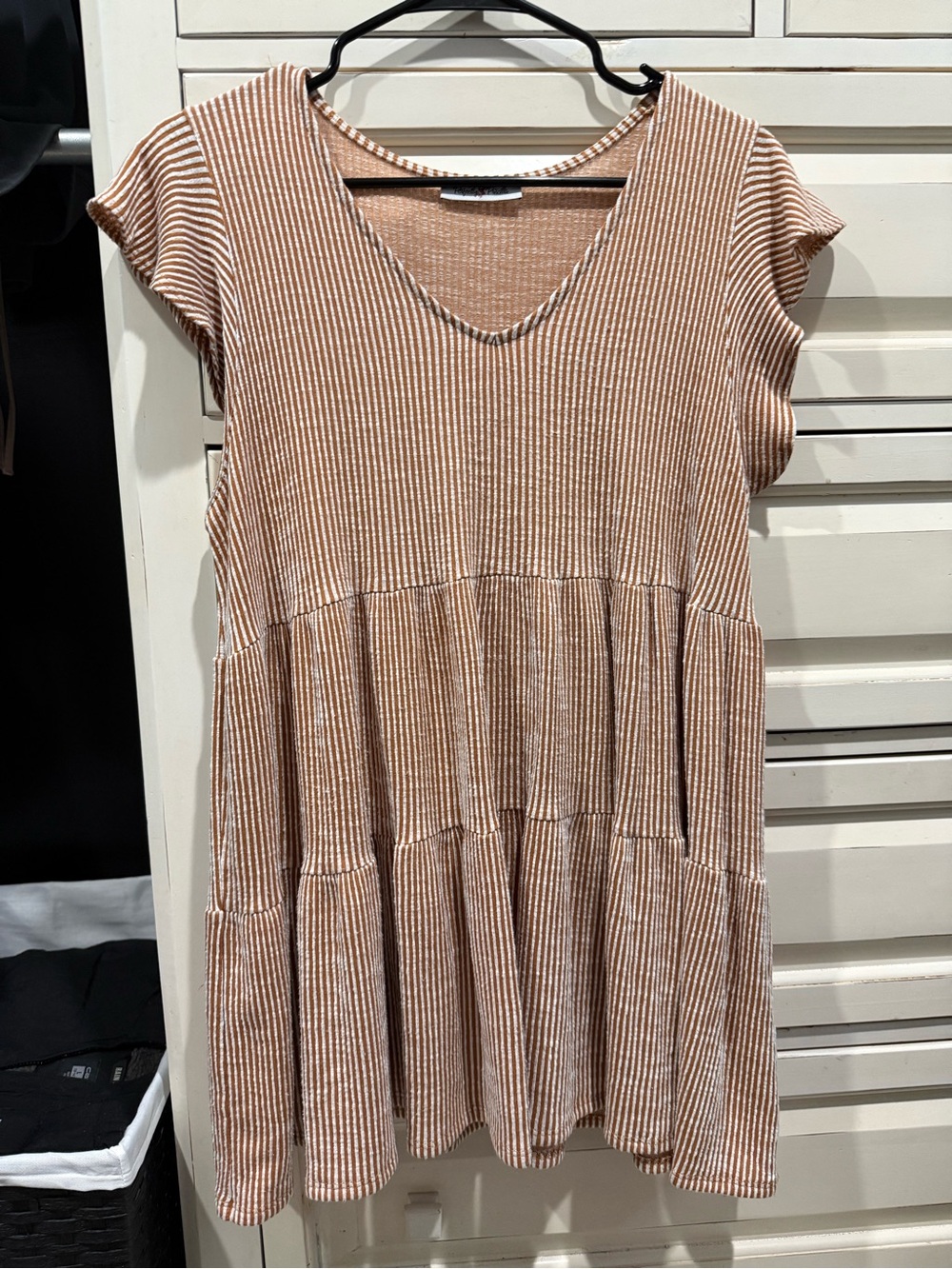 Striped V-Neck Tiered Mini Dress in Light Brown and Cream